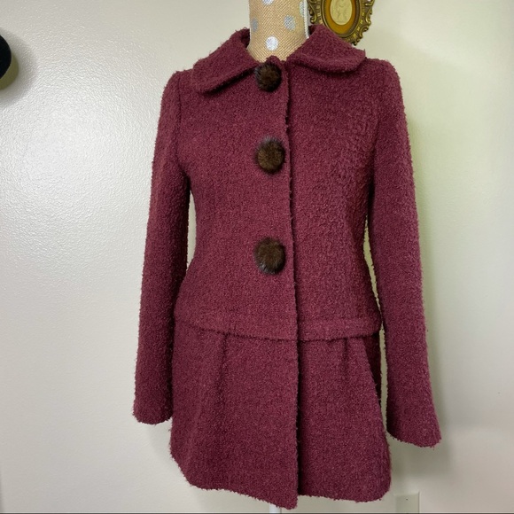She’s Designed Italy Wool Blend Real Fur Pom Button Fashion Coat Size Large - 8 - Picture 3 of 17